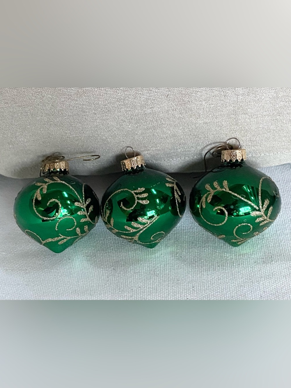 3 VTG 90s Unique Treasures Green Glass Blown Christmas Ornaments Gold Scroll